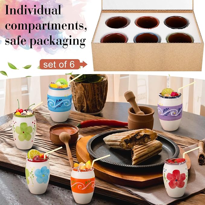 Gejoy 6 Pack 12oz Cantaritos de Barro Mexicanos Mexican Clay Cup Pottery Fiesta De Barro Mexicanos Cocktail Cups Coffee Mugs Cocktail Tea Glasses for Margaritas Mojitos (Bright,White)