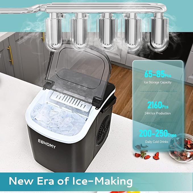 EUHOMY Countertop Ice Maker - with Handle, 26lbs in 24Hrs, 9 Ice Cubes Ready & Perfect Stix Plastic Ice Bags 10 Lb. with Cotton Draw String Closure Pack 50 Bags.