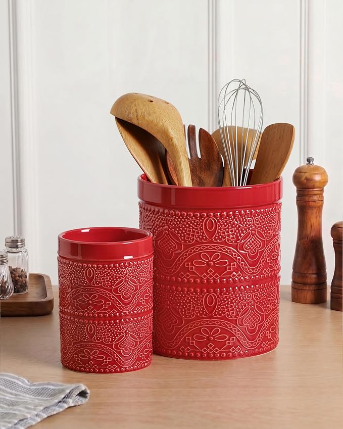 FUN ELEMENTS Kitchen Utensil Holder, 7.2+5.5" Super Large Utensil Crock Heavy and Stable Lace Emboss Ceramic Utensil Holder for Kitchen Counter (2Pcs Christmas Red)