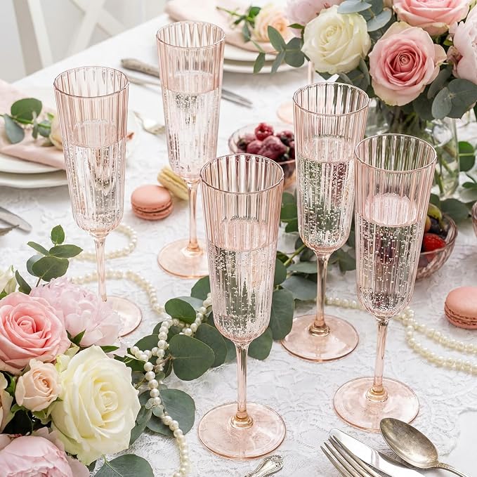 Jingmore 24 Pcs Plastic Ribbed Champagne Flutes With Stem, 6.4 oz Clear Vintage Disposable Vintage Glasses for Wedding Birthday Anniversary (Champagne Power)