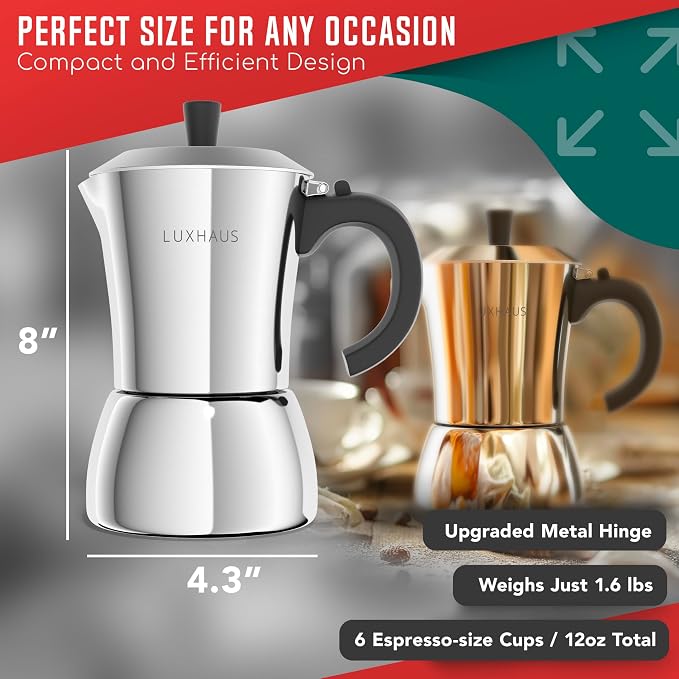 LuxHaus 6 Cup Moka Pot (2oz each cup - 12oz total) Stovetop Espresso Maker - Stainless Steel Italian and Cuban Mocha Coffee Maker