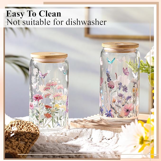 Mumufy 2 Pack Wildflower Glass Cups Gift Aesthetic Cute Glass Cup Tumbler Flower Iced Coffee Mugs 16 oz with Bamboo Lid & Straw, for Wedding Birthday Bridesmaid Mom Baby Shower