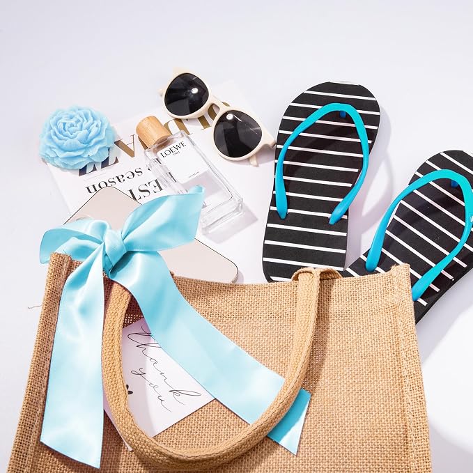 6 Pack Burlap Tote Bags with Handles Reusable Medium Jute Gift Bags with Blue Silk Ribbons Waterproof Lining for Wedding Bridesmaid Mother's Day Bachelorette Beach Party