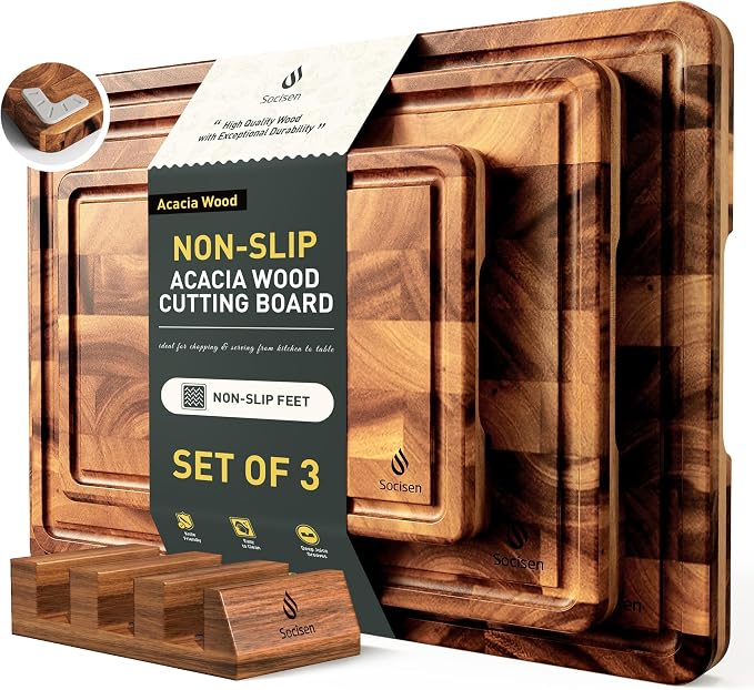 End Grain Cutting Board Set of 3 with Non-slip Feet, Reversible Acacia Wood Cutting Boards for Kitchen with Juice Grooves and Handles Non Toxic Chopping Board Butcher Block Serving Tray Kitchen Sets