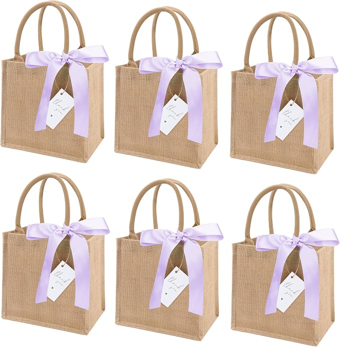 6 Pack Burlap Tote Bags with Handles Reusable Mini Jute Gift Bags with Purple Silk Ribbons Waterproof Lining for Wedding Bridesmaid Mother's Day Bachelorette Beach Party