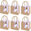 6 Pack Burlap Tote Bags with Handles Reusable Mini Jute Gift Bags with Purple Silk Ribbons Waterproof Lining for Wedding Bridesmaid Mother's Day Bachelorette Beach Party