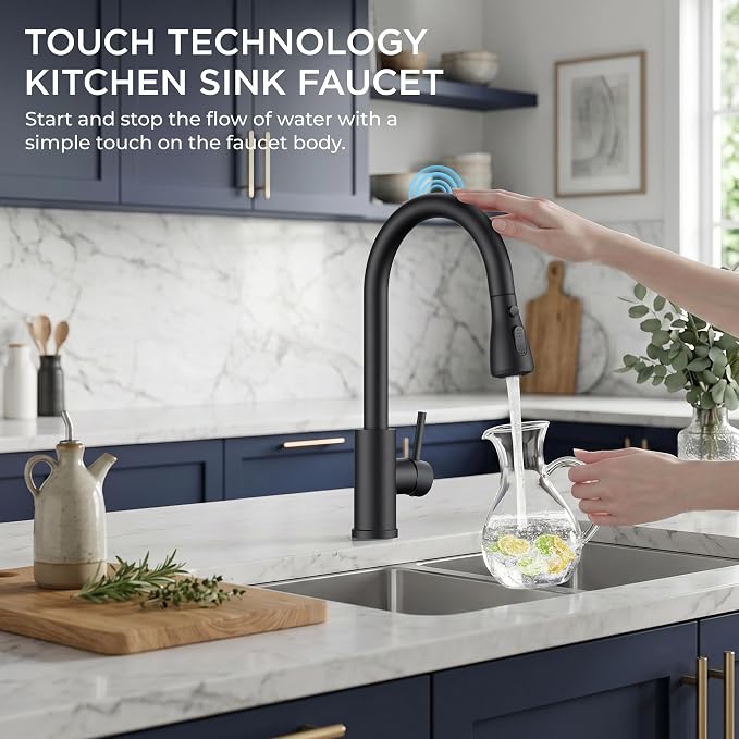 FORIOUS Black Touch Kitchen Faucet with Pull Down Sprayer, Touch Activated | High Arc Kitchen Sink Faucet with Deck Plate, Stainless Steel, Single Hole, Single Handle, Fit for RV Bar Farmhouse Laundry