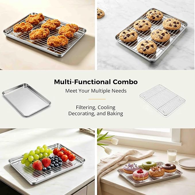 Onader Baking Sheet with Cooling Rack Set, 9¼ x 7 Inch Small Cookie Sheets for Baking, Stainless Steel 1/8 Sheet Pan and Wire Rack Set, Metal Toaster Oven Pan Tray, 1 Pan + 1 Rack