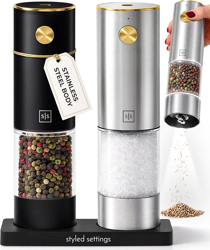 Rechargeable Salt and Pepper Grinder Stainless Steel – Electric Salt and Pepper Shaker Set with USB-C Port, LED Light, Adjustable Coarseness, One Touch Control, Sleek Modern Design