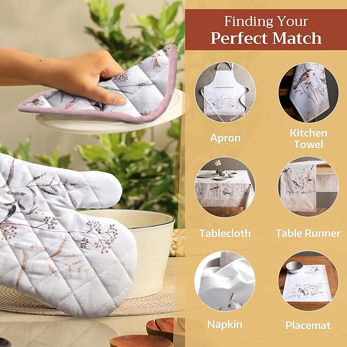 Maison d'Hermine Oven Gloves 100% Cotton Oven Mitt 7" x 13" with Loop Heat Resistant BBQ Cooking Gloves Baking Grilling Gifts for Mothers Day Spring/Summer (Pack of 1, Meadow Florals - Brown)