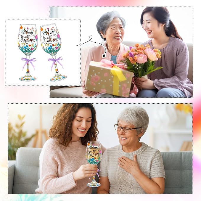 SiliFine 2 Pcs Floral Stemmed Hand Painted Wine Glasses Flower Drinking Cup with Bow Wine Glasses Gifts for Mom Grandmother Mother in Law Birthday Holiday Party Supplies