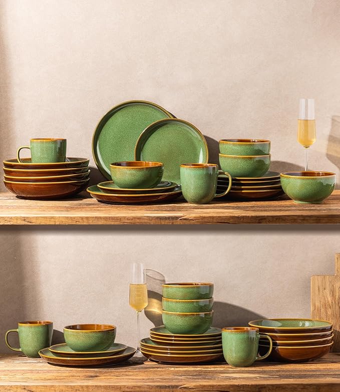LERATIO Ceramic Dinnerware Sets for 4, 12 Pieces Ceramic Plates and Bowls Sets, Scratch Resistant Dish Set, Oven, Microwave & Dishwasher Safe-Sage Meadow Green
