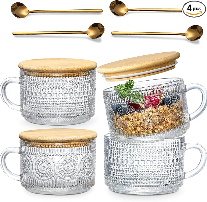 LANDNEOO 4pcs Set Vintage Coffee Mugs gifts for women, Overnight Oats Containers with Bamboo Lids and Spoons - 14oz Clear Embossed Glass Cups, Cute Coffee Bar Accessories, Iced Coffee Glasses