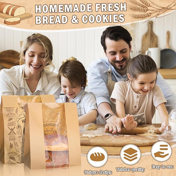 Spakon 120 Pack Large Kraft Paper Bread Bags for Homemade Bread 14 x 8.3 x 3.5 Sourdough Bakery Bags with Window with 120 Pcs Baked with Love Stickers for Baked Food Packaging Storage