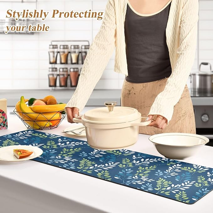 2-in-1 Table Runner Trivet for Hot Dishes Heat Resistant Hot Plate Mat Pad 39x12 Inch Waterproof Table Protector Trivets for Countertop Non Slip Decorative Blue Simple Branches and Leaves