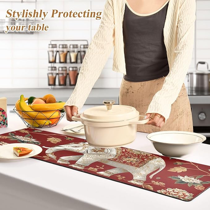 2 in 1 Table Runner Trivet for Hot Pots and Pans Heat Resistant Non Slip Waterproof 39 x 12 Inch Decorative Table Protector for Kitchen Countertop Red Floral Retro Elephants