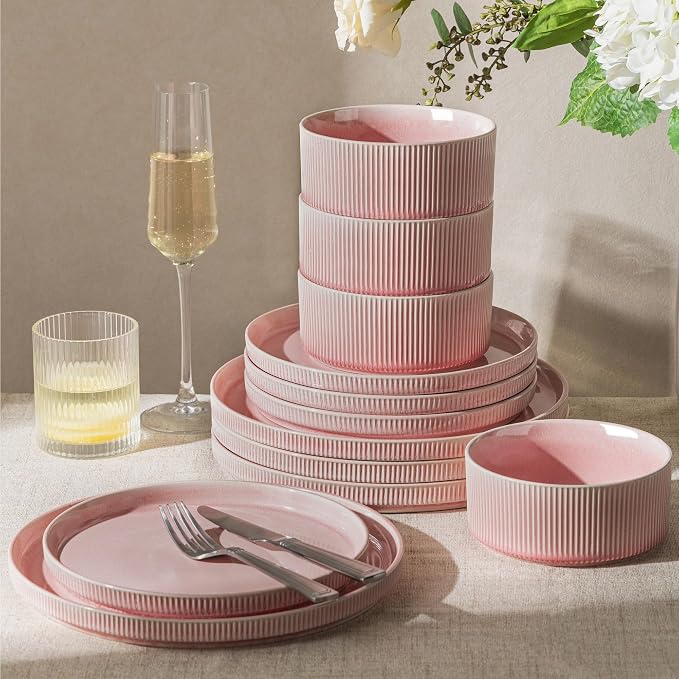 GBHOME 12-Piece Stoneware Dinnerware Set for 4 – Ribbed Ceramic Plates and Bowls, Scratch-Resistant, Microwave & Dishwasher Safe, Reactive Glaze, Blush Veil