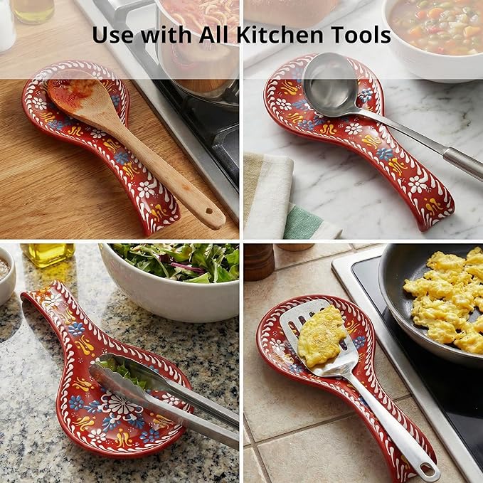 BCS Ceramic Spoon Rest, Large 9” Hand Painted Spoon Holder for Stove Top & Kitchen Counter, Dishwasher Safe & Heat Resistant Utensil Holder, Floral Kitchen Decor, Handmade Pottery