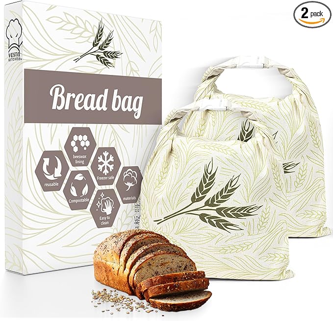 Bread Bags – 13 x 17in Cotton Beeswax Bread Bag – Reusable Bakery Bags for Sourdough, Homemade Baked Goods, Pastries Storage – Large Size 2-Pack