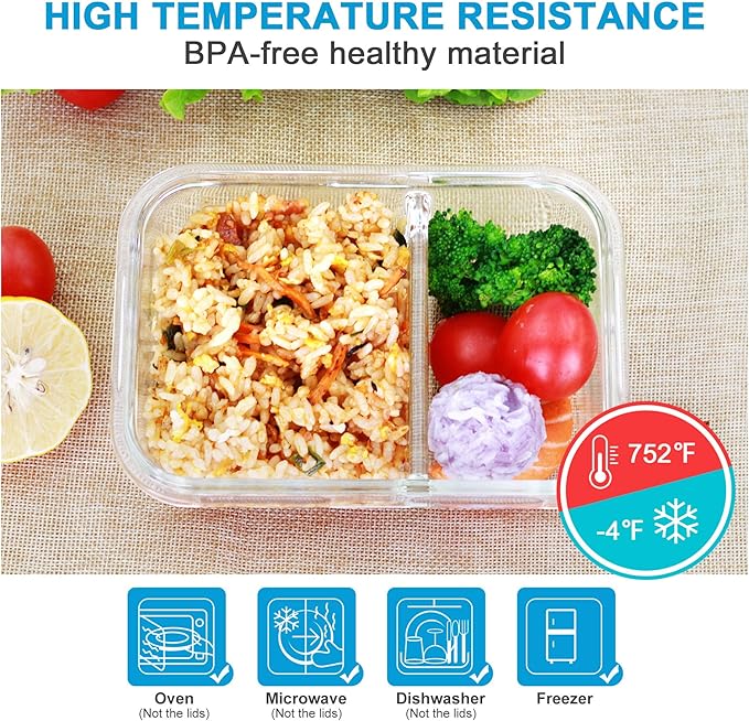 Meal Prep Containers - 2 Compartments with Glass Bowls with Lids, Food Storage Containers Dividers Airtight Lunch Containers, Bento Box for Oven Freezer, 10 Pack