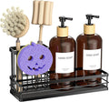 Moforoco Kitchen Dish Soap Dispenser Set, 16OZ Glass Bottle, Hand and Dish Soap Dispenser Set, Instant Dry Tray, Brush Holder with Smiley Face Sponge Holder (Black Tray+Amber Bottle+Labels)