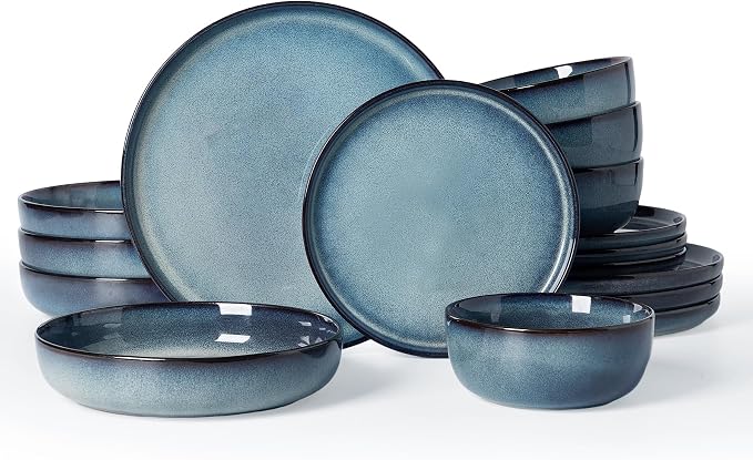 Famiware Milkyway Stoneware Dinnerware Set, 16-Piece, Including Pasta Bowl, Double Reactive Glaze, Plates and Bowls, Service for 4, Microwave and Dishwasher Safe, Scratch-Resistant, Dusty Blue