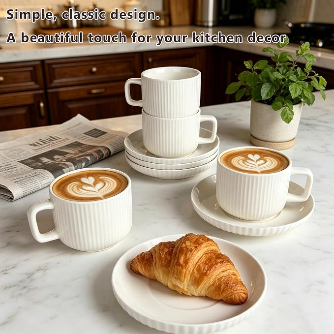 8oz Cappuccino Cups With Saucers - Set Of 4 Latte Mugs With Saucers - White Cream Ceramic Coffee Mugs For Latte, Au Lait, Flat White, Mocha, Tea, Embossed Coffee Cups