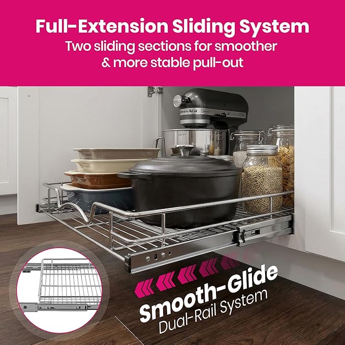 HOLDN’ STORAGE Pull Out Cabinet Organizer, Heavy Duty Caddy w/Lifetime Limited Warranty -26”W x 21”D - Requires At Least 27-1/4” Cabinet Opening, Steel Metal Cabinet Drawers Slide Out, Chrome
