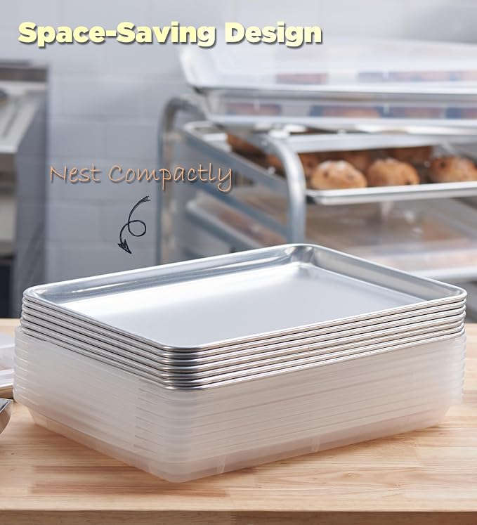6-Pack 1/4 Size Sheet Pan with Cover Set (12 Piece Bundle), Dishwasher Safe Baking Pans & NSF Certified Polypropylene Lids, Compact Quarter Bun Pan for Meal Prep, Baking & Storage - Silver/Translucent