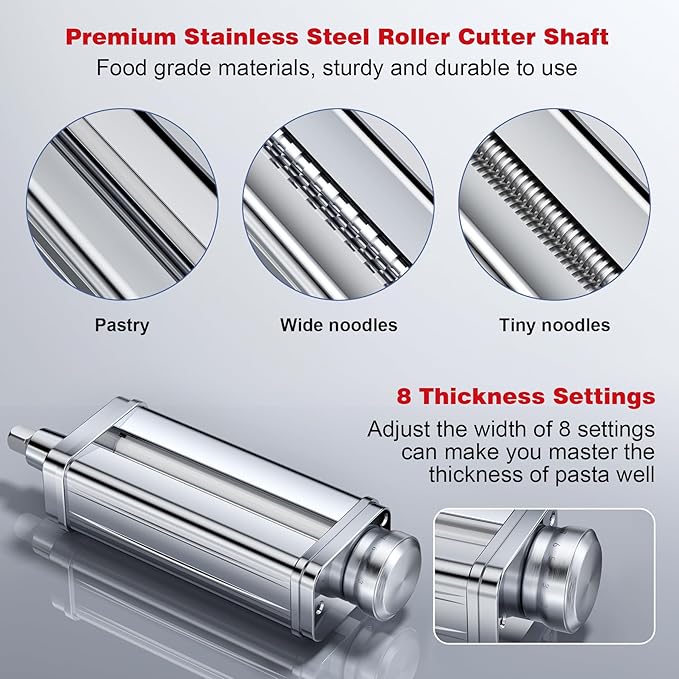 Pasta Maker Attachments Set for all KitchenAid Stand Mixer, including Pasta Sheet Roller, Spaghetti Cutter, Fettuccine Cutter, KSMPRA 3-Piece Pasta Roller & Cutter Set