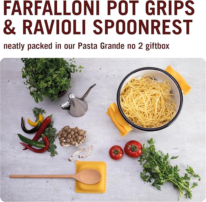 Monkey Business Pasta Shaped Silicone Kitchen Tools in a Gift Box / 2 of Our Big Pasta Shaped Kitchen Gadgets/Farfalloni Shaped Pot Grips, and Ravioli-Shaped Spoon Rest/Pasta Grande No. 2