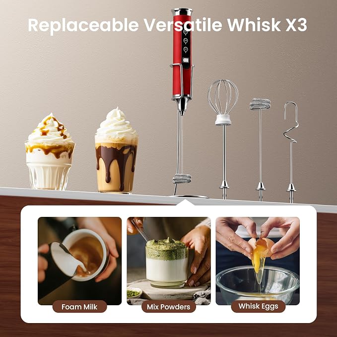 YUSWKO Milk Frother Wand for Coffee with Stand, Coffee Frother Handheld | Rechargeable Drink Mixer Wand, Waterproof Electric Whisk for Protein Powder, Lattes, 3 Variable Speeds 3 Whisks, Red