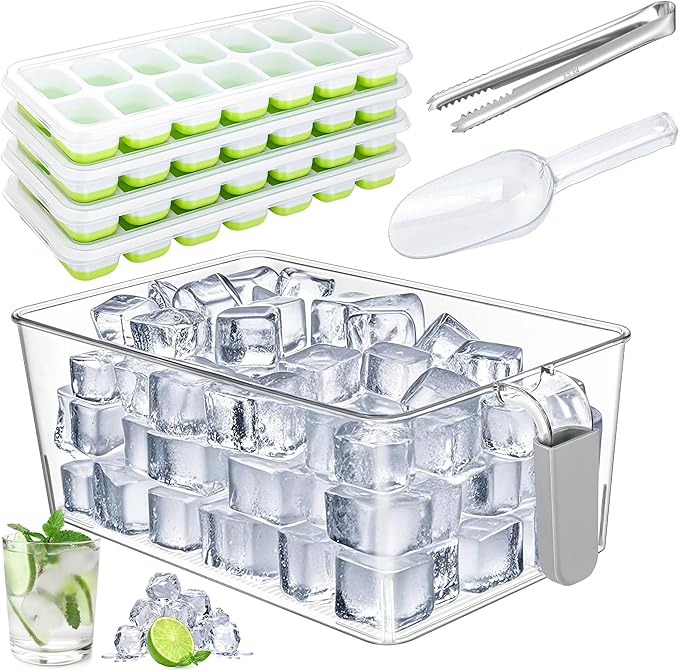 Aneco Plastic Freezer Ice Bin Set with Flexible Scoop Clear Storage Bin with Pull out Handle Tongs Ice Cube Tray Ice Container for freezer Kitchen, 12 x 7 x 4.4 Inch