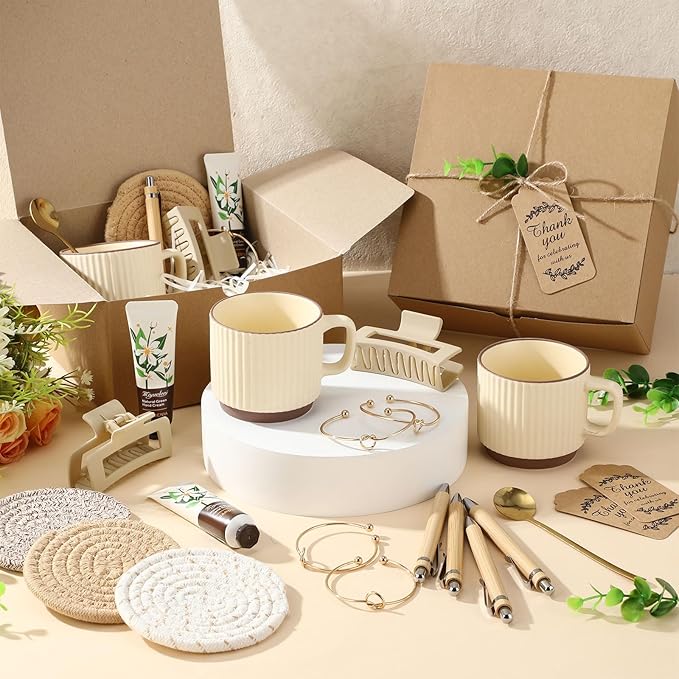 Reallnaive 61 Pcs Baby Shower Prizes for Game Winners Include Ceramic Mug Coaster Hand Cream Pen Spoon Bracelet Hair Clip Card Gift Box with Raffia for Guests Gender Reveal Bridal Shower Party(Beige)