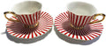 Mazeology Espresso Cups Movie Star Bone China Fluted Red & White Stripe 2 Sets Cups and Saucers with Gold Accents