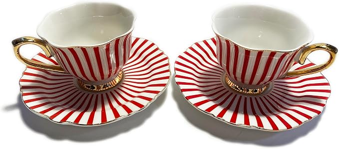 Mazeology Espresso Cups Movie Star Bone China Fluted Red & White Stripe 2 Sets Cups and Saucers with Gold Accents
