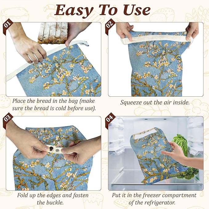 Bread Bags for Homemade Bread, Blossoming Almond Tree Van Gogh 2 Pack Linen and Beeswax Sourdough Storage Bags, Reusable Keeper, Keeps Breads Fresh Longer, Gifts for Bakers