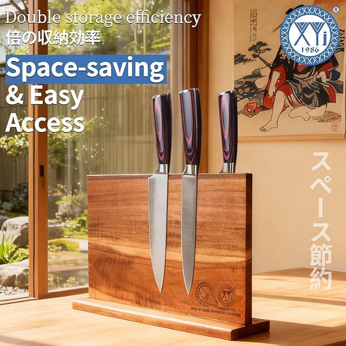 XYJ Magnetic Knife Block, Dual-Sided Strong Magnets, Acacia Wood Extra Large Stable Countertop Design, Kitchen Cutlery Display Stand without Knives