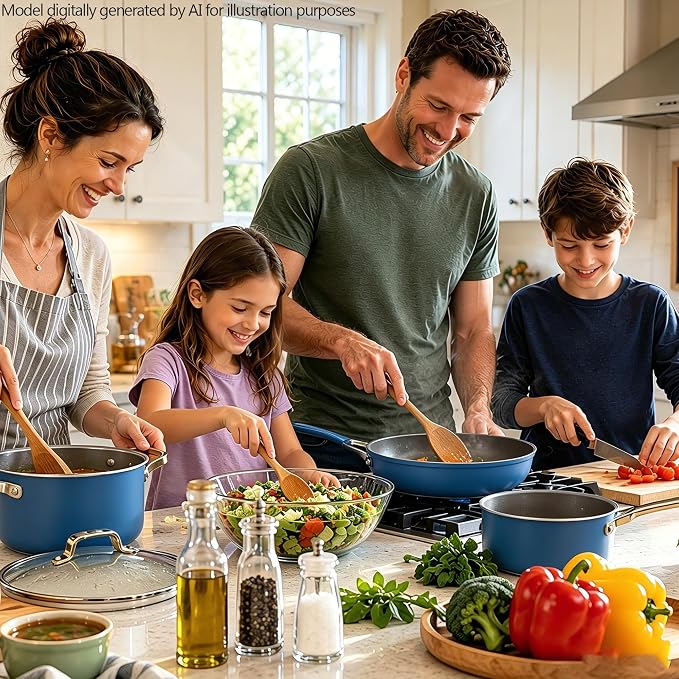 7-Piece Blue Ceramic Nonstick Cookware Set, Pots & Pans | 4 pots, 3 clear lids; stay-cool grips; 100% PFAS-free; 480°F oven & dishwasher safe; heavy daily family cooking routines