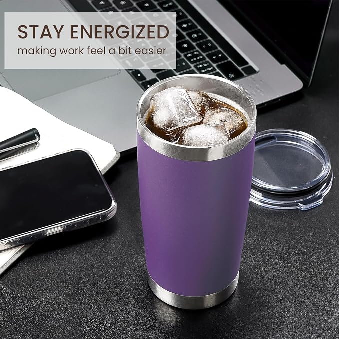 MEWAY 20oz Tumbler Cup Double Wall Vacuum Insulated Travel Mug Bulk, Stainless Steel Tumblers with Lid and Straw, Durable Powder Coated Coffee Cups for Cold & Hot Drinks (Purple, 1)