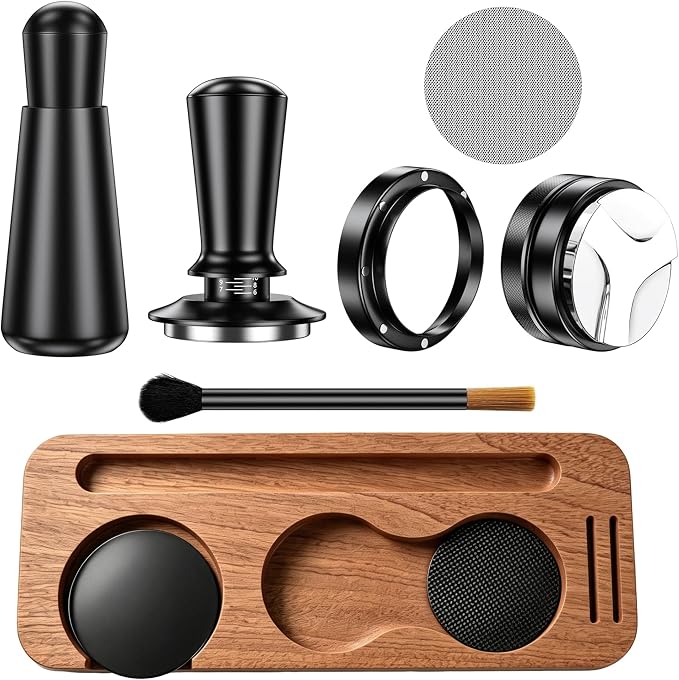 7-Piece 51mm Espresso Accessories Kit with Wood Tamping Station | Wood tamping station with tamper, distributor, WDT tool, dosing funnel, milk pitcher and puck screen for home espresso