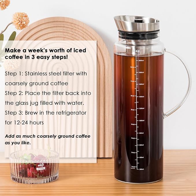Aquach 68oz Cold Brew Coffee Maker, Extra Tall Glass Pitcher for Iced Tea | Dishwasher Safe, Borosilicate Glass, Up to 2 Weeks Fresh Aroma, 304 Stainless Filter, Office & Home