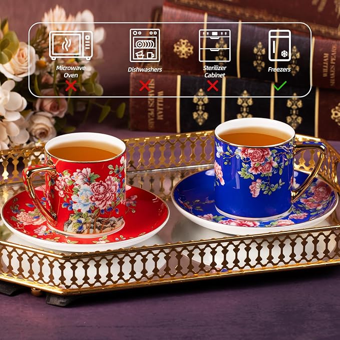 KAMMAK Tea Cups and Saucers Set of 2, Porcelain Coffee Cups with Saucer for Espresso, Cappuccino, 7.4oz Vintage Red and Blue Ceramic Novelty Mug for Home, Tea Party, Office, 631+632N