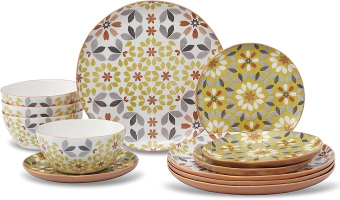 Lorren Home Trends Floral Dinnerware Set, 12 Piece, Bone China, Yellow and Gray Pattern, Microwave and Dishwasher Safe