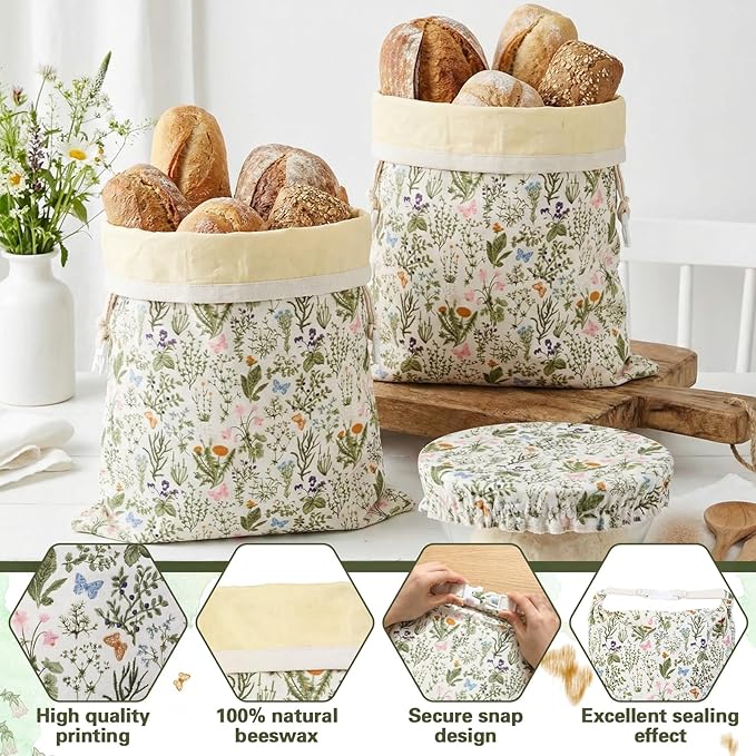 Reusable Beeswax Bread Bags for Homemade Bread Sourdough (2 Pcs 13x17in Bags + 10in Bowl Cover) Floral Cotton 100% Natural Beeswax Coating, Plastic-free Food Storage Wrap(Flower Butterfly)