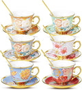 Tea Cups and Saucers, Tea Cup Set of 6, 8 OZ Floral Cups Porcelain Cup Set for Cappuccino, Coffee, Afternoon Tea Birthday Party Supply Housewarming Gift