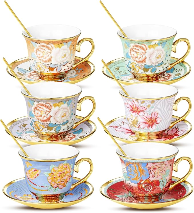 Tea Cups and Saucers, Tea Cup Set of 6, 8 OZ Floral Cups Porcelain Cup Set for Cappuccino, Coffee, Afternoon Tea Birthday Party Supply Housewarming Gift