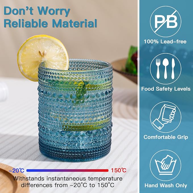 JOVGANK Blue Vintage Hobnail Drinking Glasses Set of 6, Embossed Water Tumbler 12oz, Kitchen & Bar Beaded Glass Cups, Beverage Glass Cups for Water, Beer, Juice, Housewarming Gifts for Party