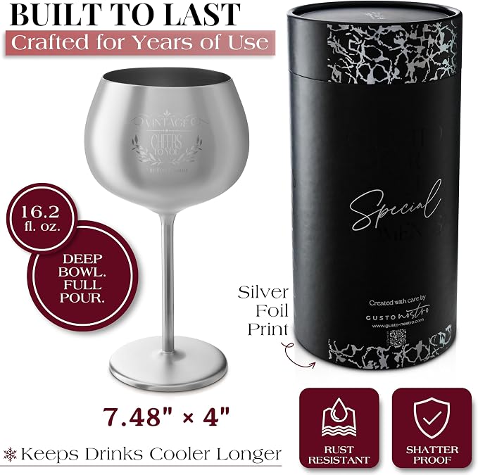 Gusto Nostro Cheers to You Birthday Wine Glass with Engraved Vintage Quote, Luxury Box - Unique Gifts for Women and Men Any Age - Cool Birthday Gift Ideas - Classy Retirement Gifts for Women/Men