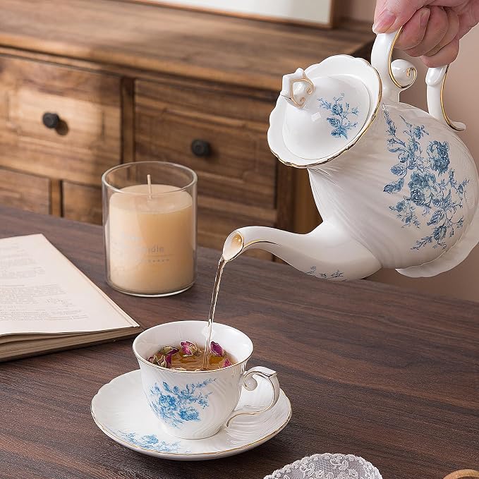 Agyiuns tea cups and saucers ceramic coffee mug 6oz for Coffee, Latte, Cafe Mocha and Tea-Set of 4,Blue